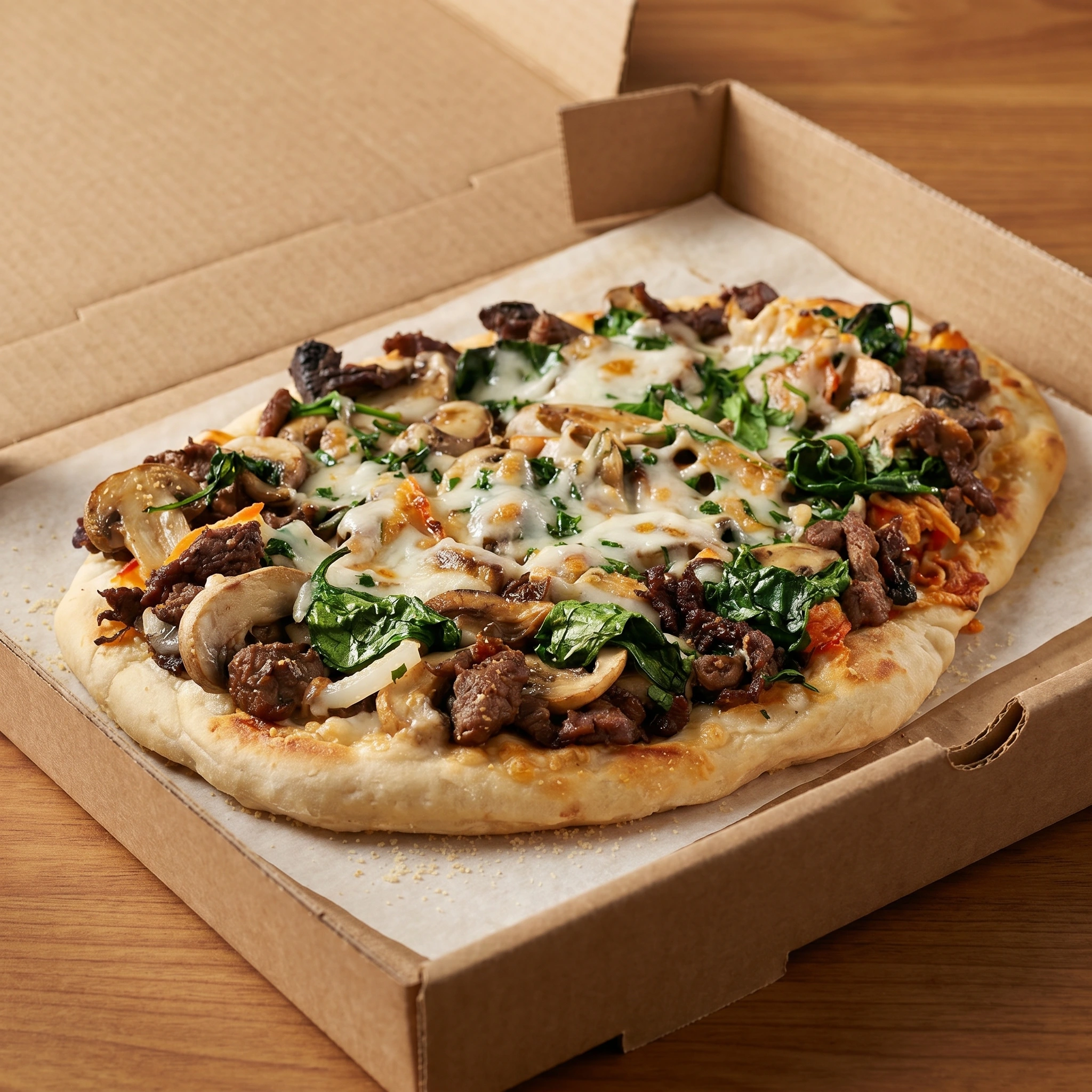 Beef & Mushroom Pizza at Western Pizza Red Deer — seasoned beef and fresh mushrooms on homemade crust