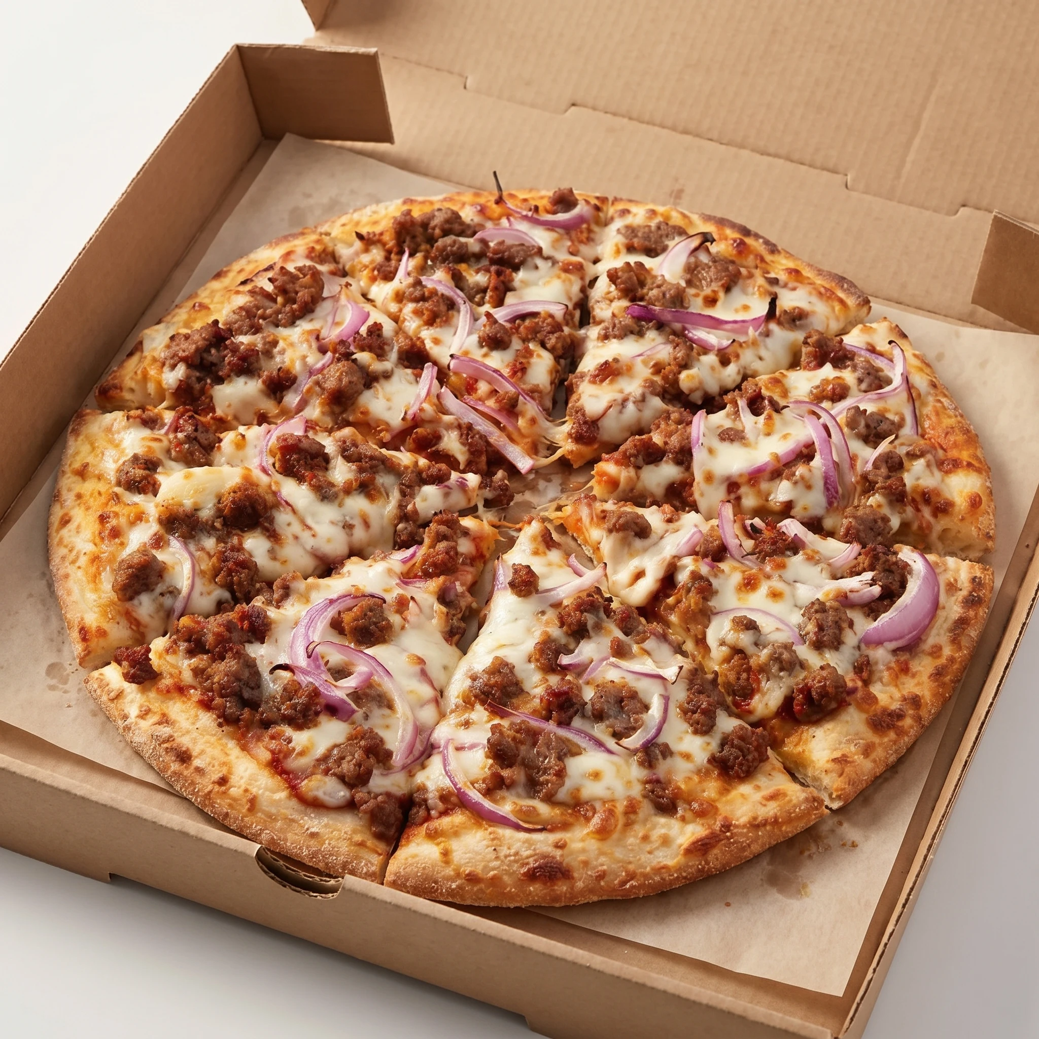 Beef & Onion Pizza at Western Pizza Red Deer — seasoned beef and sweet onions on Prairie-style crust